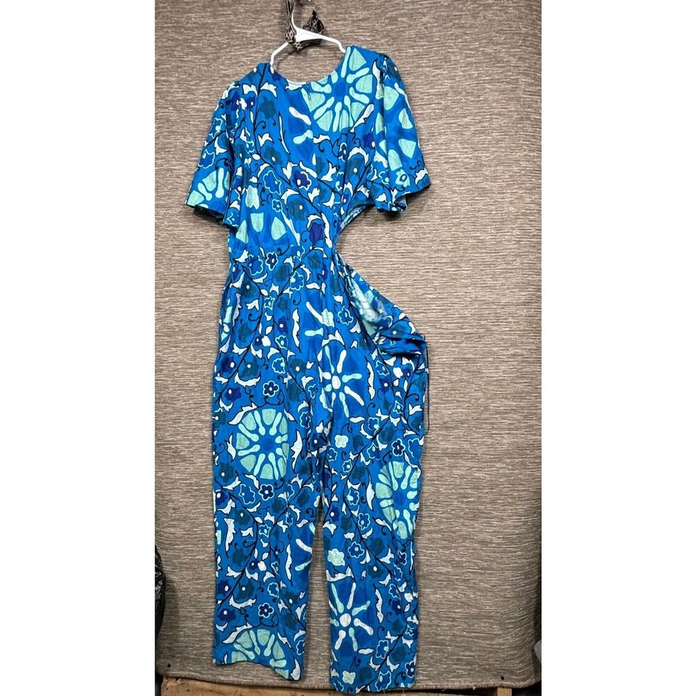 Rhode Jumpsuit Womens 1X Blue Floral Cutout Waist Short Sleeve Wide Leg Casual - Picture 3 of 13